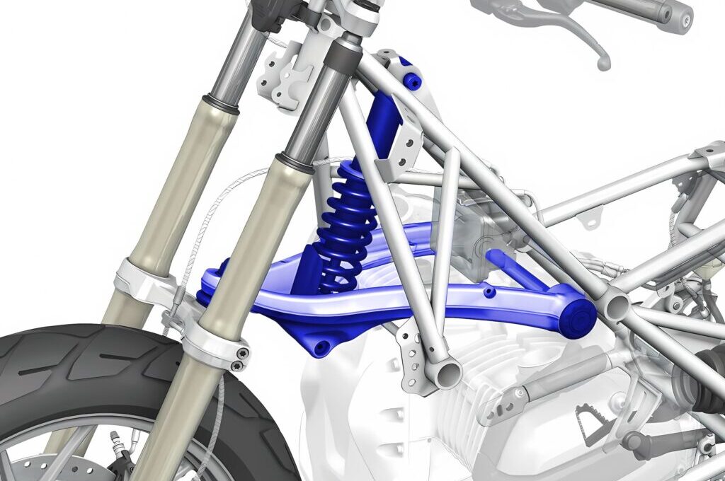 De unieke Telelever-voorwielophanging van een BMW motorfiets.