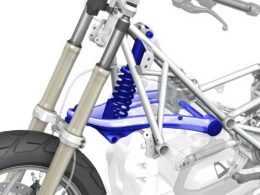 De unieke Telelever-voorwielophanging van een BMW motorfiets.