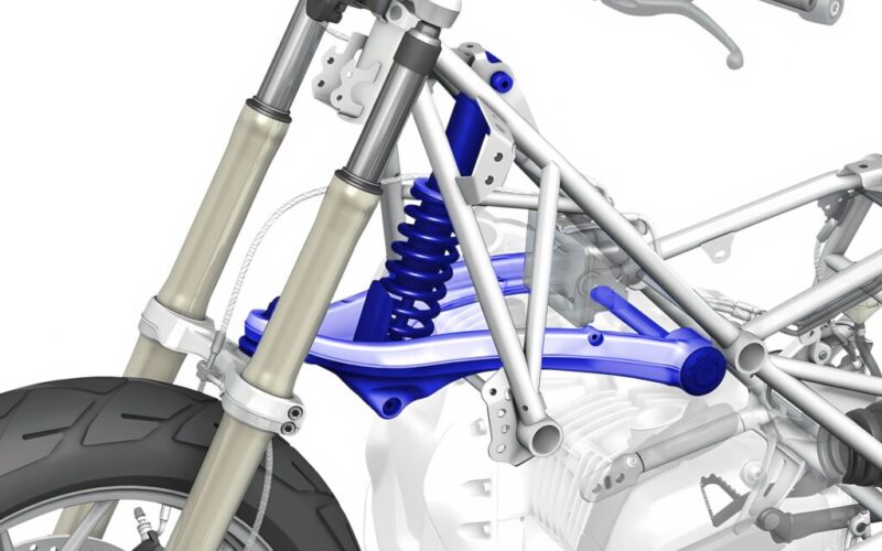 De unieke Telelever-voorwielophanging van een BMW motorfiets.