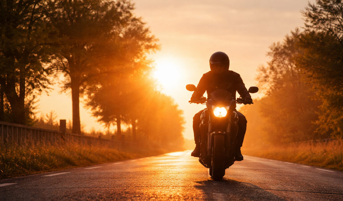 Een motorrijder in de lente of het najaar