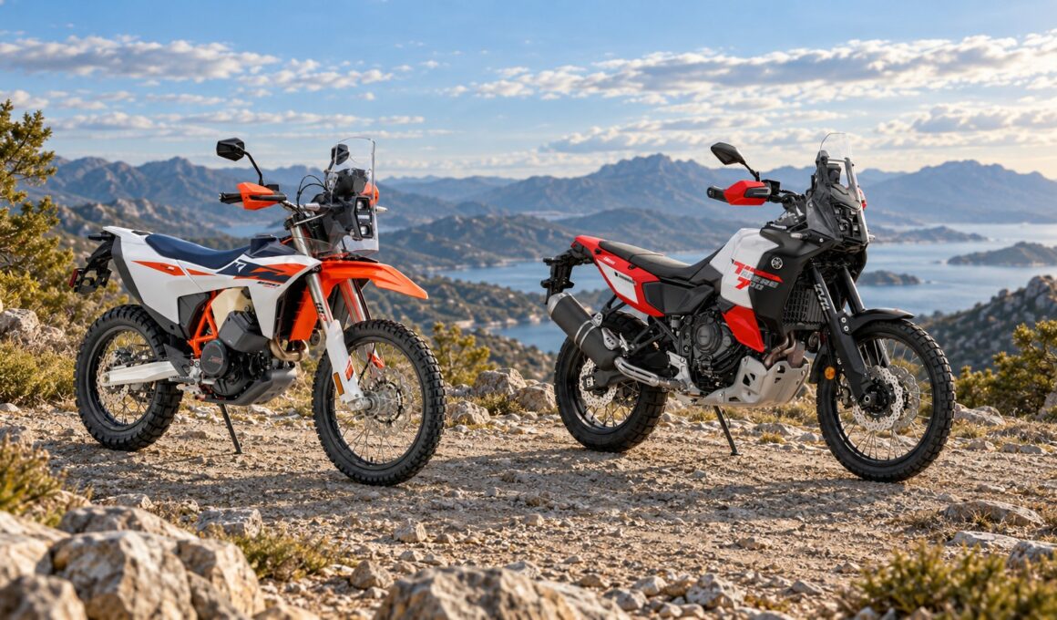 KTM 690 Rally en Yamaha Ténéré 700 World Raid naast elkaar op een bergachtig gravelpad