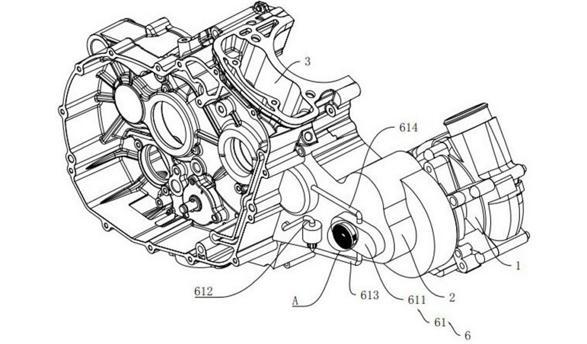 Patenttekening van Benda's mechanische compressor met tandwielkast en carter