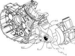 Patenttekening van Benda's mechanische compressor met tandwielkast en carter
