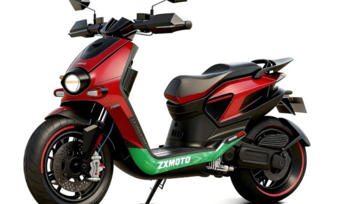 Speculatieve illustratie van een rood-groene elektrische ZXMOTO-motorscooter, afkomstig uit Chinese media